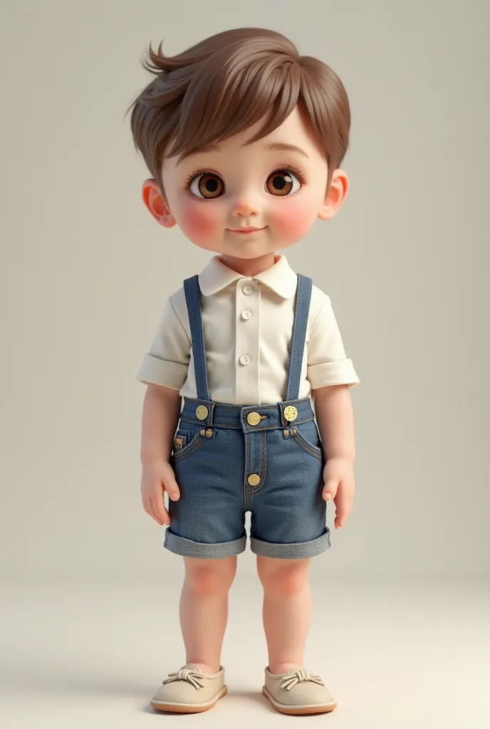 A realistic boy with white skin and brown eyes and brown hair wearing denim shorts and a white blouse and a  baby slipper 