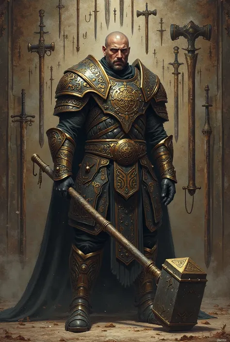 A warrior with a huge hammer and wearing black and golden garments. He is surrounded by ancient weapons like a painting frame.