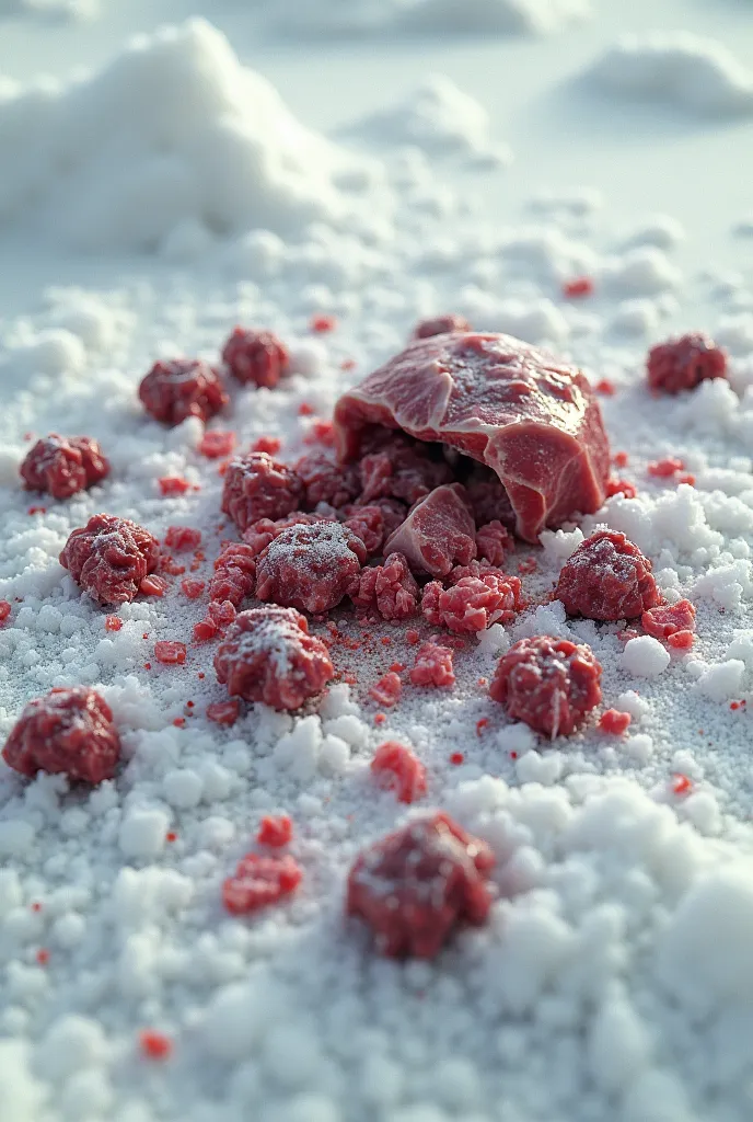 Pieces of meat scattered in the snow