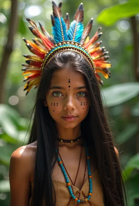 A  girl with light skin, slightly tanned, standing in a lush tropical forest, facing directly forward. She has long, straight black hair falling softly over her shoulders and down her back. Her eyes are bright green, with a slight almond shape, blending in...