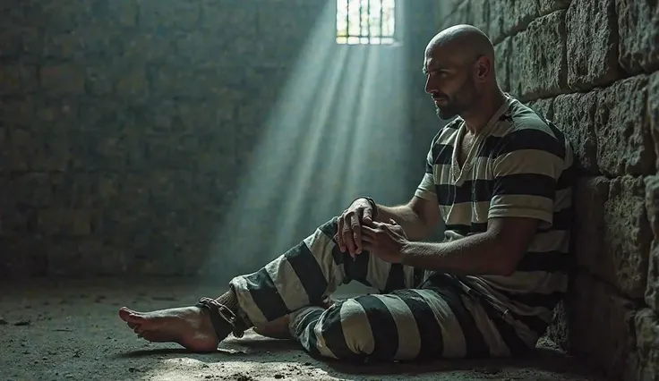 hyperrealistic fullbody photo of a goodlooking muscular bald convict clad in very worn and torn black and white horizontally striped prisonjumpsuit, very massive and thick steel shackle around one ankle connected by a very thick and heavy chain to a massiv...