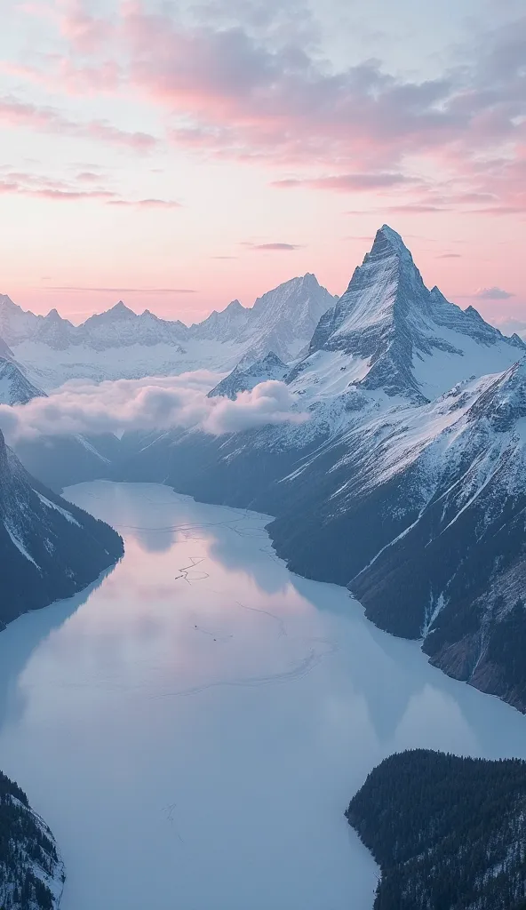 "Would you like me to confirm the generation of an image of a landscape viewed from a drone? Imagine a captivating aerial shot of a snow-capped mountain range, with jagged peaks piercing through a sea of fluffy white clouds, a frozen lake reflecting the so...