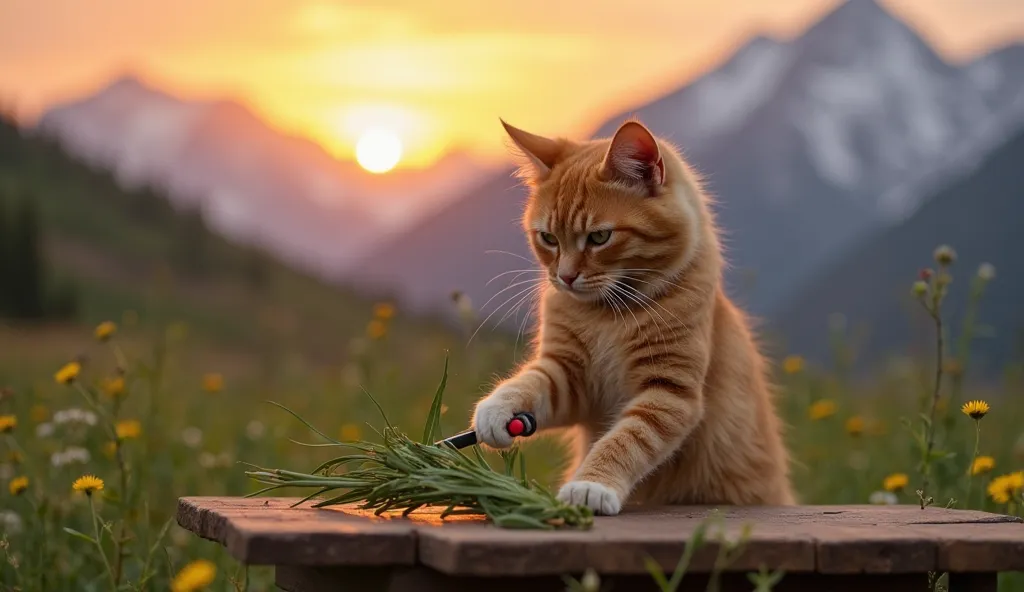 An adult orange cat with fluffy, well-defined fur stands on its hind legs, facing the camera, holding a small knife in its front paws. It involves cutting a green scent that is placed on a rustic wooden table outdoors. His gaze is focused on the green smel...