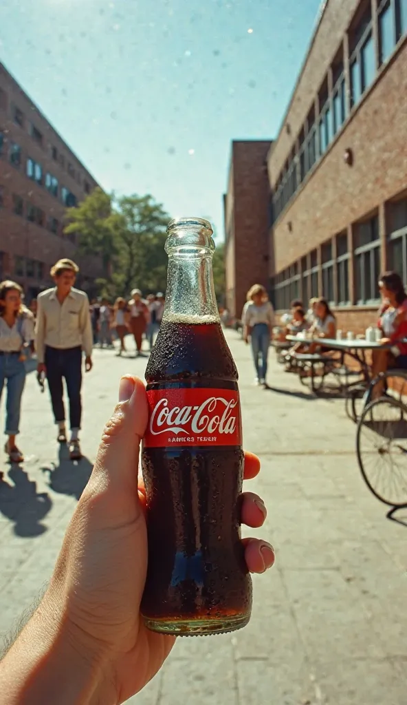 A first-person perspective in a 1960s American high school courtyard during lunch break. You stand on the paved schoolyard, holding a classic glass bottle of Coca-Cola in your hand, condensation forming on its surface from the warm afternoon sun. Your fing...