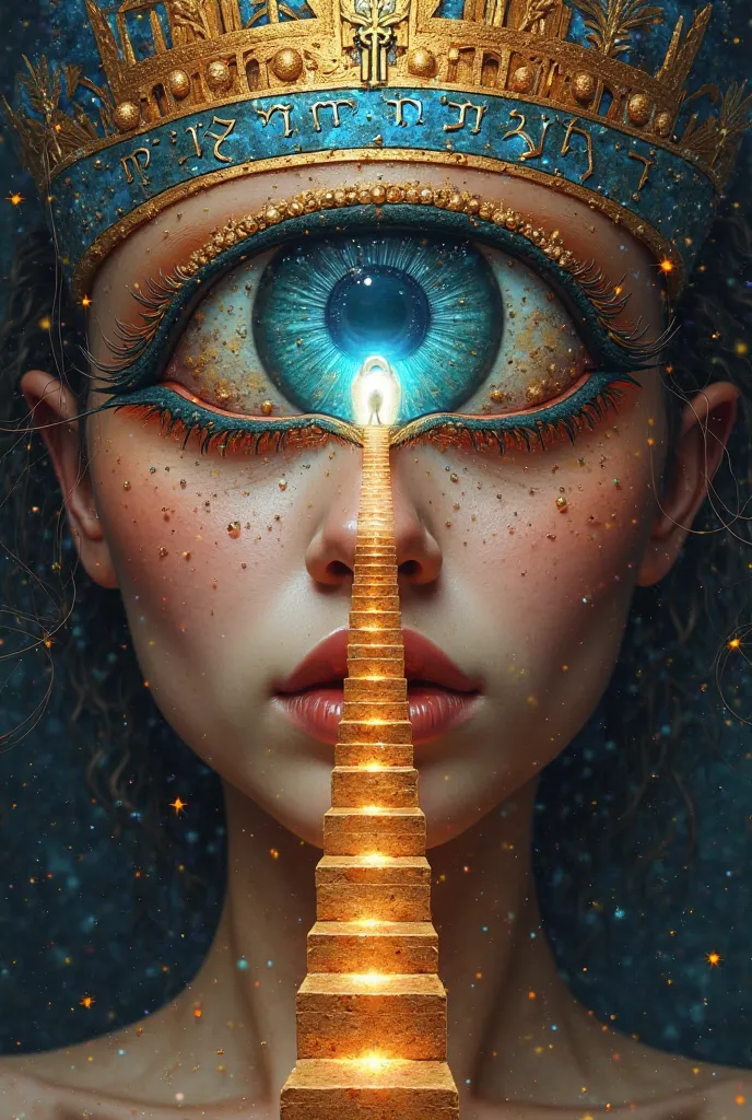 The breasts of a woman with sapphire jewelry mixed with an Aesthetic rainbow design of a large Egyptian eye on the top, inside the pupil there is a padlock and below there is a light staircase that leads to the pupil and the prophet Elijah climbs this stai...