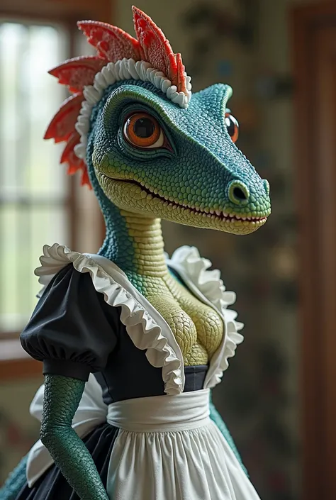 Dinosaur girl of the species pleisiosaurus furry sexy female anthropormorphic with blue scales and a very long neck dressed as a maid in black and white with a dinosaur girl of the species utahraptor anthropormorphic female furry with big breasts green sce...