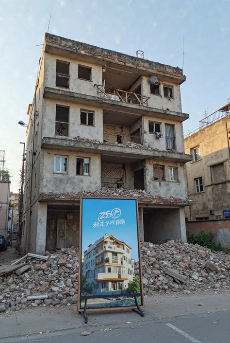 The building on the plot was demolished to stay earthquake-proof. In place an advertising sign on the image of the building to be rebuilt in support of the state and "we are with 750 thousand credits of state support under the earthquake transformation pro...