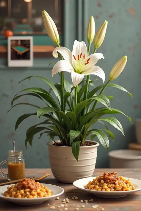 no, Create an art! Plant lily in a pot, on a table, with Stroganoff plates on the side and a Polaroid with a pool table 