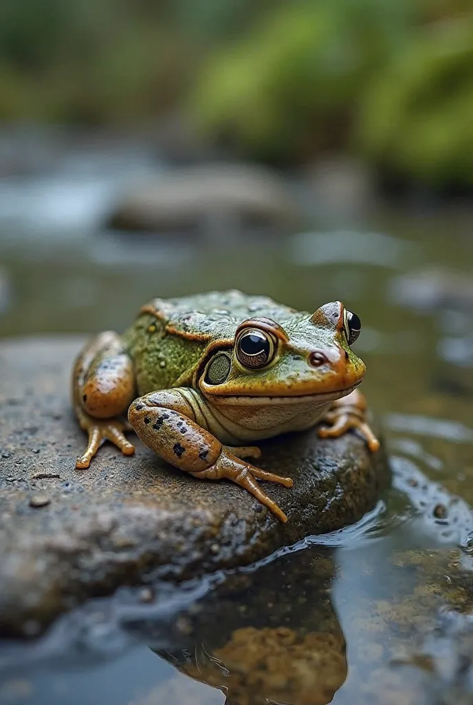 Realistic and serene photograph of a cururu frog in its natural habitat, captured with safe distance and non-threatening composition. The frog is resting on a smooth and moist stone in a stream of crystal clear water, **without close-ups on the skin or eye...