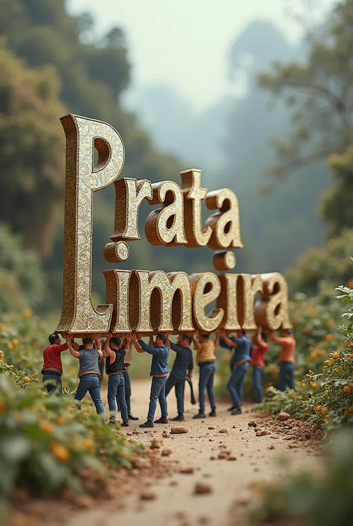 Several very small men and women. Loading the letters that form the word Prata Limeira. The letters are pretty big and they're taking them to another place 