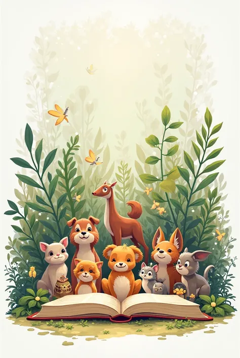 Illustration of animals from around the world, mignons , surrounded by dense vegetation, On the ground a giant book is placed on the ground ,  High Resolution ,  Pixar style, fond blanc 
 High Resolution , 