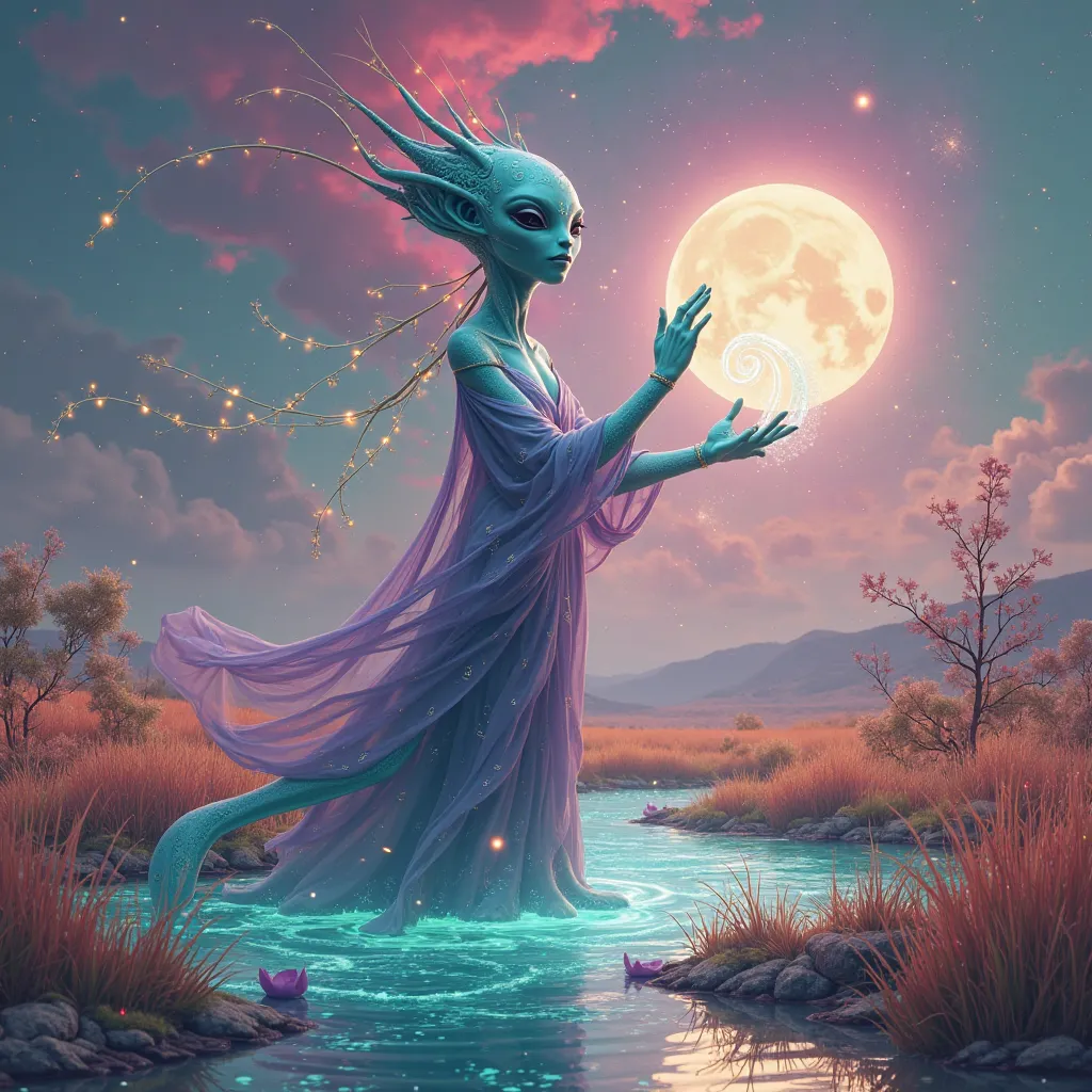 Create a serene digital artwork of an extraterrestrial practicing qigong in an alien natural landscape. The alien, tall and lithe, stands in a flowing pose—arms arced gracefully, one raised, one lowered—its skin a luminous teal with faint, golden veins pul...