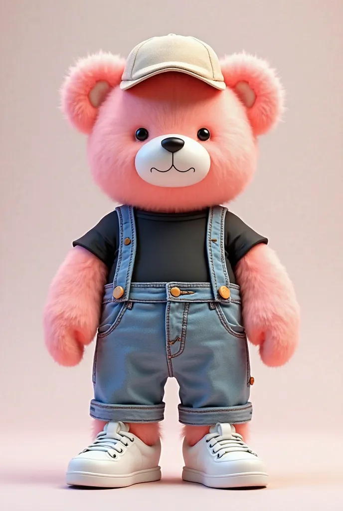 A pink teddy bear with tubed denim pants and a black t-shirt, with white sneakers on the legs and a hat