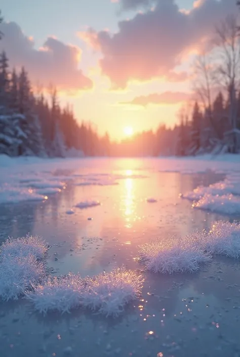 A sunrise over a frozen lake, with ice crystals glistening in the early morning light.