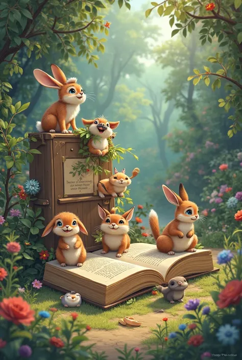 Illustration of animals from around the world, mignons , surrounded by dense vegetation, On the ground a giant book is placed on the ground ,  High Resolution , façon Pixar 
 High Resolution , 