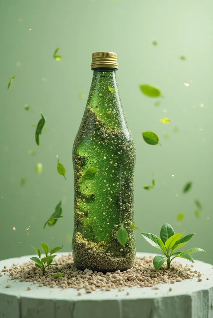 An image of a product (such as a bottle or furniture) made from recycled materials, with a cycle that shows its useful life, reuse and recycling. It can include natural elements such as plants or a green landscape make me the horizontal image 