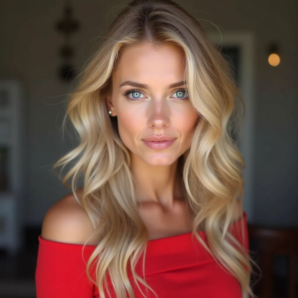 Blonde woman with blue eyes and a red dress posing for a photo,  visage parfait ,   longs cheveux blonds et grands yeux  , une Beautiful blonde,  cheveux blonds et grands yeux , Beautiful blonde, Elena Belova, beautiful model girl,   Blonde hair and blue e...