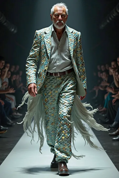 "An adorable elderly male model, over 65 years old, walking confidently on a high-fashion runway. His entire outfit is intricately designed to resemble a fish, created with a hyper-realistic blender render. The scales shimmer with iridescent textures, fins...