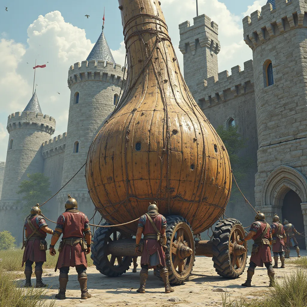 A giant wooden penis with 4 wheels carried with ropes to the door of a castle by 5 soldiers