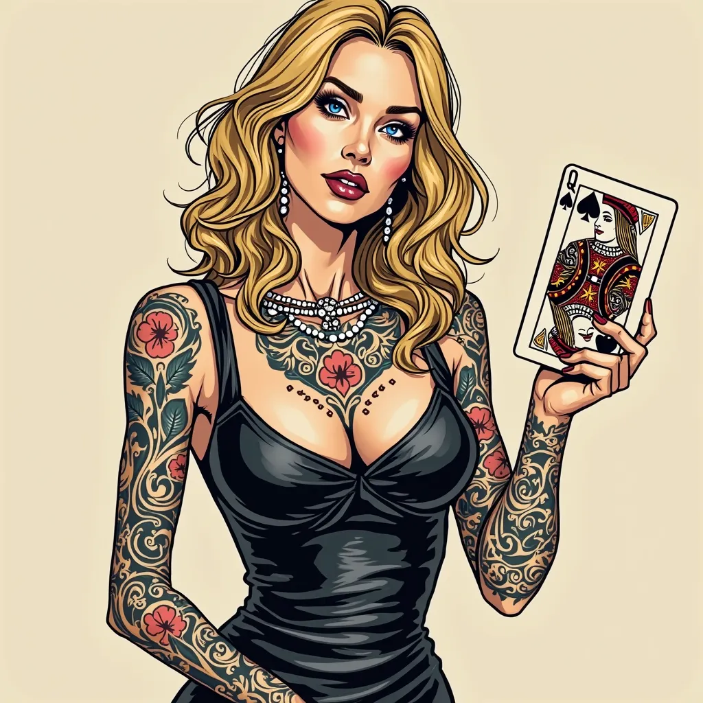  A playing card with the queen,  blonde poop, shoulder-length hair, im Harlekin style mit Krone, leather dress in black, tattoo art, Vector, tattoos,  in one hand she holds a tattoo machine , Poker, sie ist tattoo Artist, simple drawing, Rock'n'roll ,  lin...