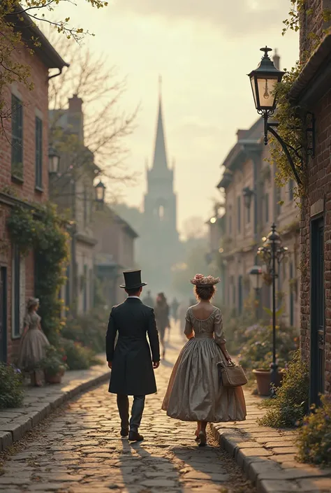 The setting of a small town in England in the 1800’s,  2 or 3 people walking 