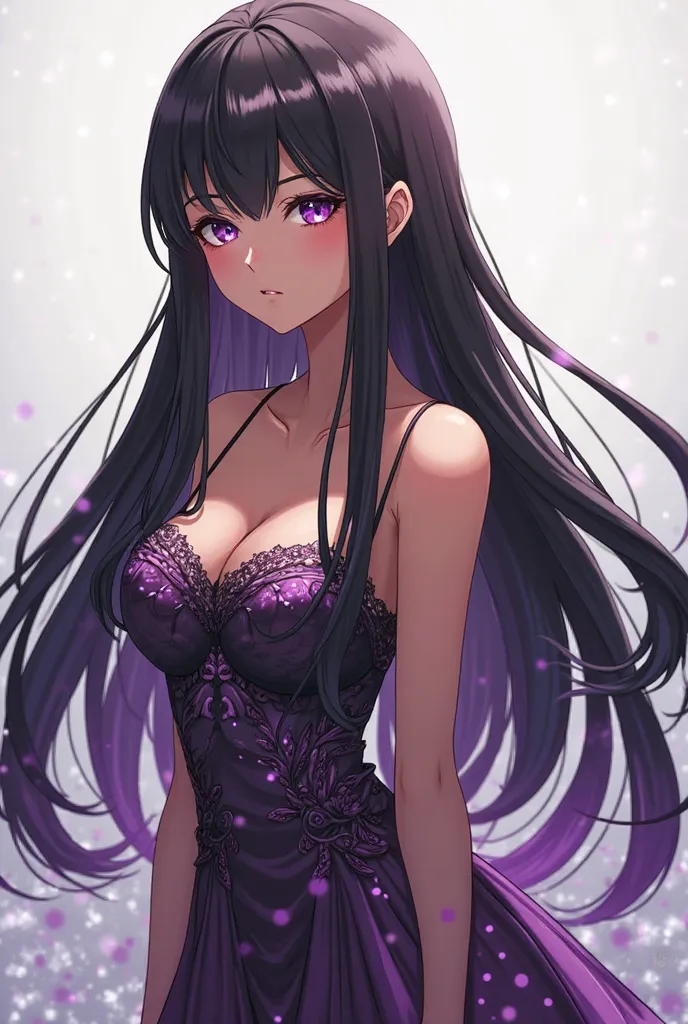 She creates an anime character that doesn't have bangs. She has long straight black hair, with some purple highlights, The skin is brown, She's wearing a dress 