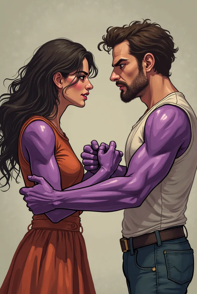 Show a man and a woman in an argument, showing them from afar the woman Vera has some purple arms like squeezes, pinches, etc.. The man must have an angry face and a bruised hand because I punched him somewhere 