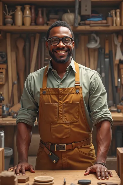 A jovious-looking black man who wears,  short hair, negro, glasses who owns a jovial-looking woodworking company called Kaza Kriola that creates handmade furniture and sells it online