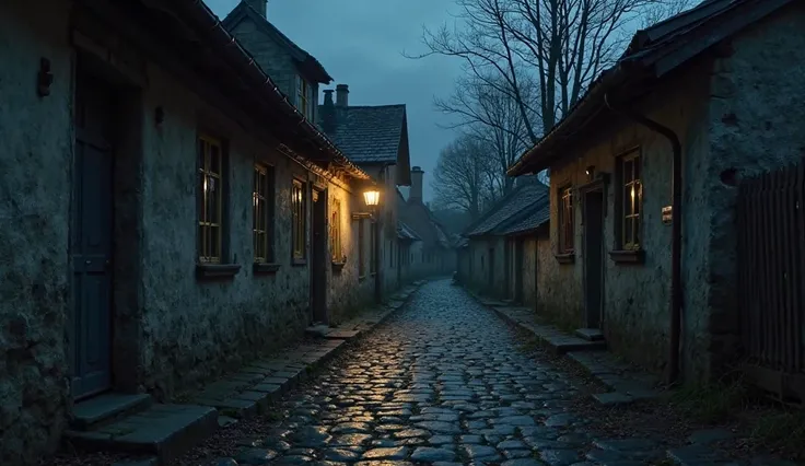 A dimly lit village street at dusk, with old, weathered buildings standing in eerie silence. The path is empty, but faint, ghostly shadows seem to linger near the doorways. A single, flickering lantern struggles against the darkness, casting long, distorte...