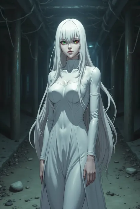 Imagine a completely white woman standing looking at the camera, underground scenario, dark background. dark ambience, she is tall,  long white hair, villain, anime. only eyes aren't white. right eye is green and left eye is red
 , unnatural white skin,, m...