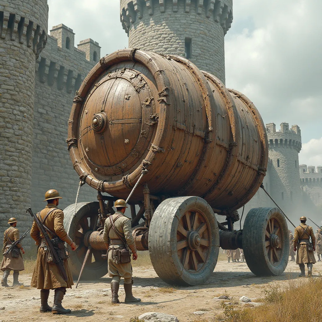 A giant wooden penis with 4 wheels carried with ropes to the door of a castle by 5 soldiers. As if it were the Trojan horse