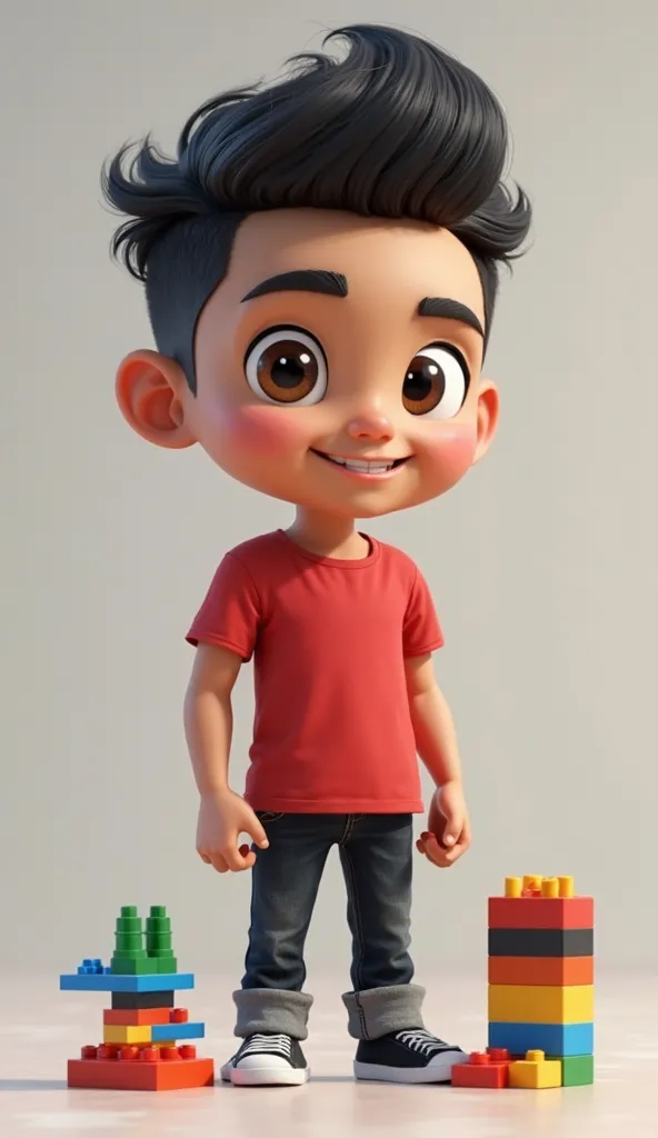 Create a 3D character inspired by YouTuber Enaldinho

Facial Features:  A young man with a friendly and lively expression , fair skin, large and vivid brown eyes , Scared face and straight black hair,  with a stylish butt .
Suits:  a red t-shirt ,  black j...