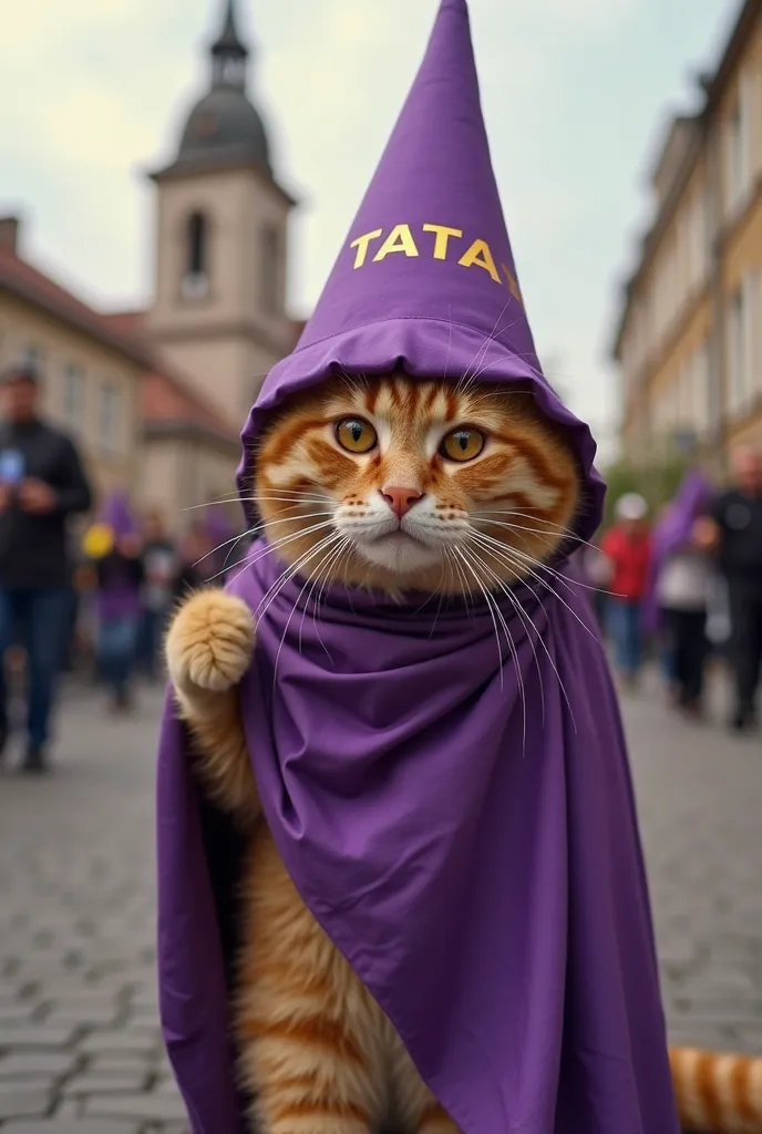 Realistic orange cat that is carrying a Nazarene's walk in a purple cone costume that has the word TATA written on the cone costume and that has a purple veil and that is in a procession and in the background that there is a church 