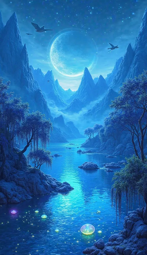 A breathtaking, dreamlike fantasy landscape bathed in shades of deep sapphire, cerulean, and icy blue. Towering crystal mountains shimmer under the soft glow of a crescent moon, their peaks glowing with an otherworldly light. A tranquil azure lake reflects...