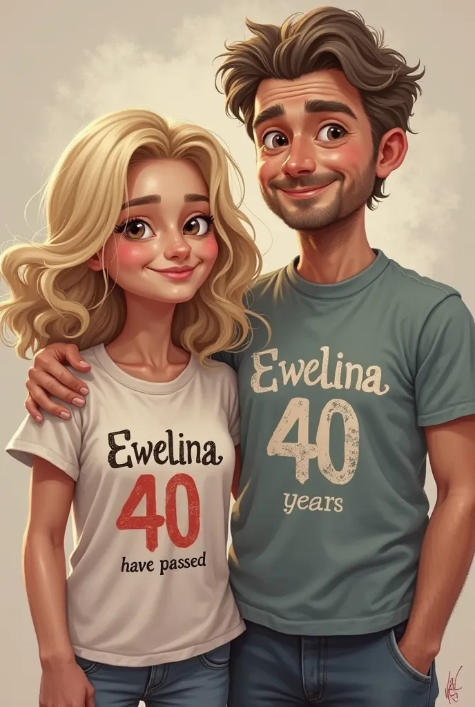 Create me a graphic of a 40 year old woman in shoulder-length blonde hair with a T-shirt that says “Ewelina 40 years have passed” next to her is her husband with a David T-shirt, 1,5 roczne bliźniaki z koszulkami Dave i Hania i 8 letnia dziewczynka z blond...