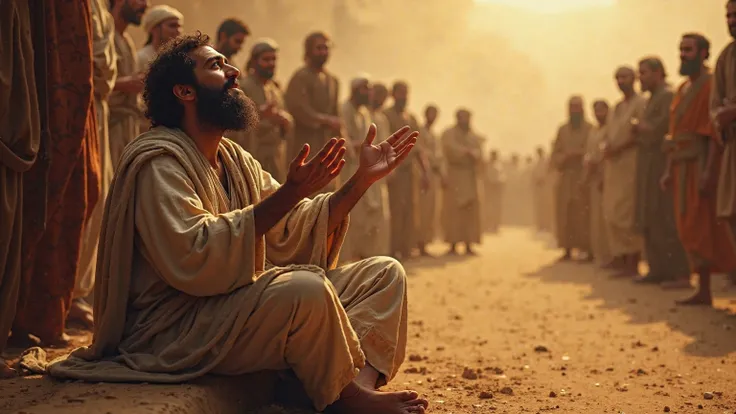 Create an emotional biblical scene of blind Bartimaeus: A bearded man in simple, worn Middle Eastern clothing from biblical times, sitting by a dusty road in Jericho. He's reaching out desperately with his hands raised, his face turned upward with an expre...