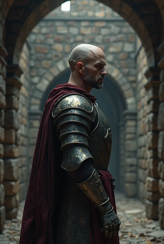 One Bald Knight Templar with no hair standing in castle close up 