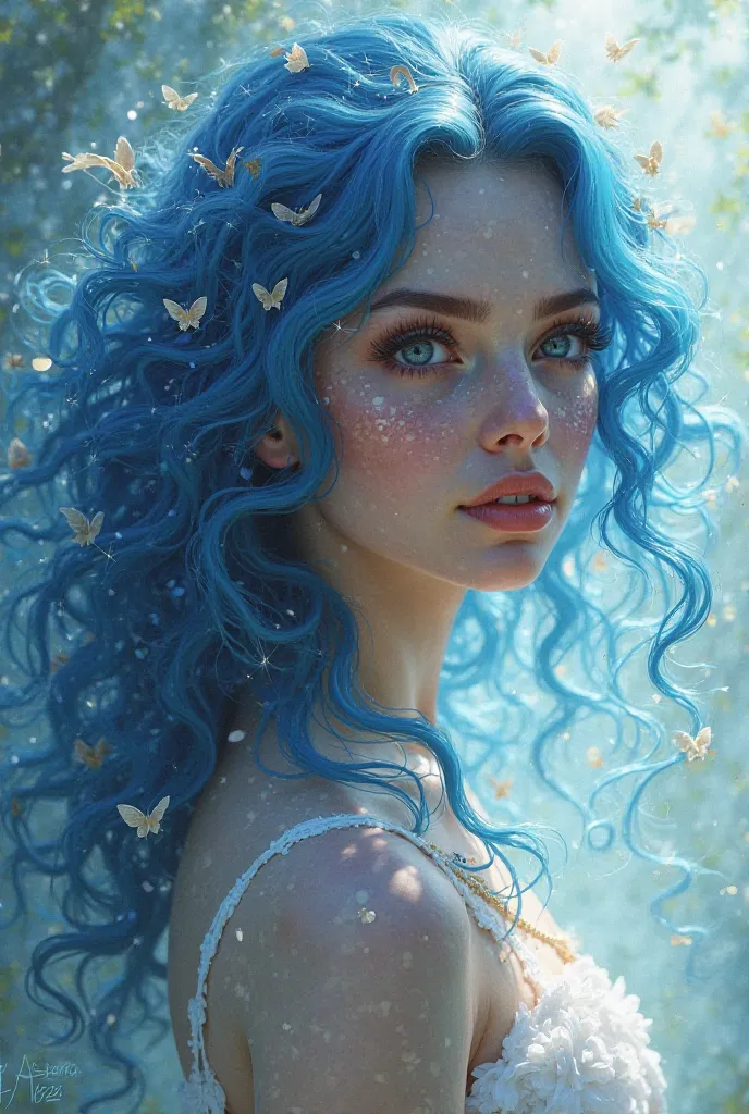 A  girl with long curly hair of blue and white skin who has the name Dayana 