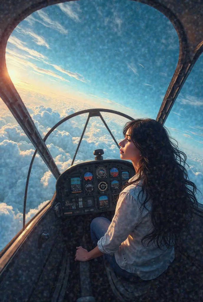 Ultra-realistic sky seen from inside the cockpit of a woman with long black hair