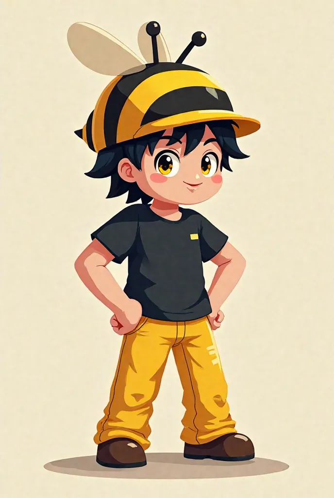 Minecraft player cartoon.He wears a black T-shirt and yellow pants, his hair is black, his eyes are yellow, and he wears a hat shaped like a bee.