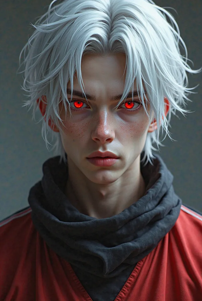 Guy 21 years old, with snow-white shoulder length hair and red eyes, sports, full height