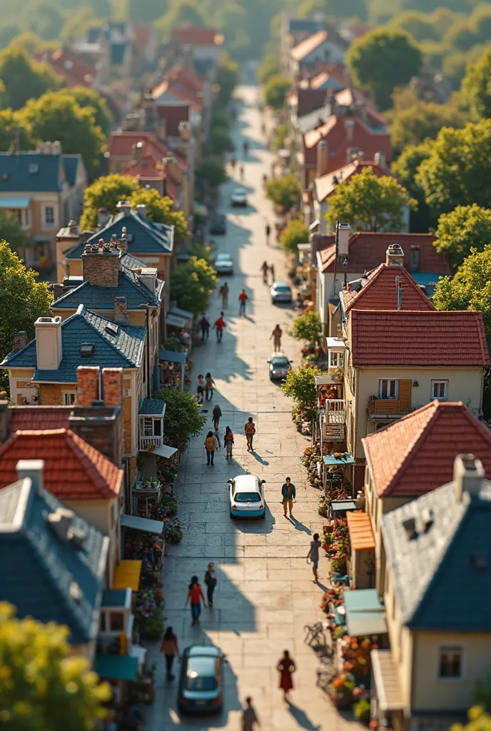 a board game board showing a section of a small town with streets and sidewalks. the roofs of building are gone allowing the interiors to be seen. top down view