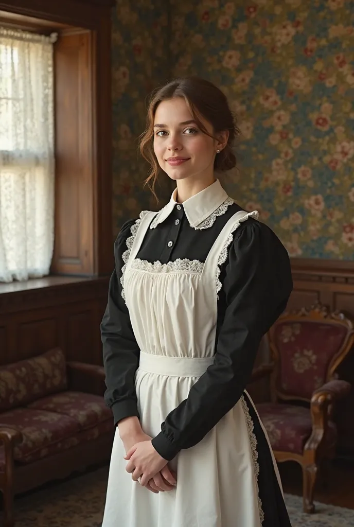 Create the ultra realistic image of a 20-year-old girl wearing the clothes of a maid of American origin 