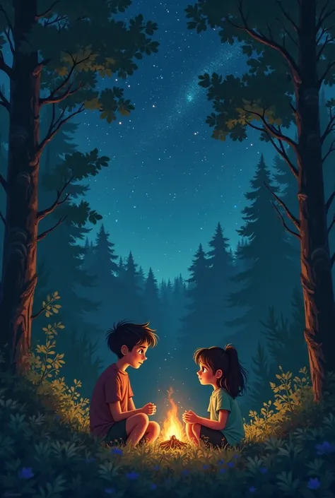 siblings talking at night, quiet emotional moment, stars overhead.”
•	Look for a soft, warm scene of two people having a heartfelt discussion.

 In summer in forest family camping trip
