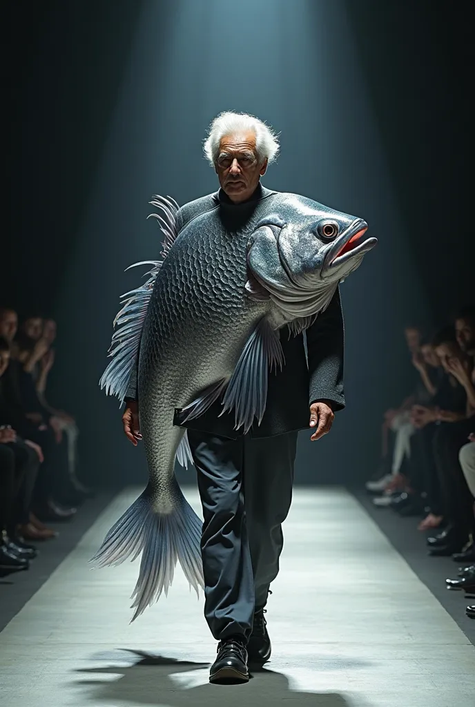 
"An adorable elderly male model, over 65 years old, walking confidently on a high-fashion runway. He is wearing an avant-garde costume featuring a massive, hyper-realistic fish integrated into the design, created with blender rendering. The fish wraps aro...