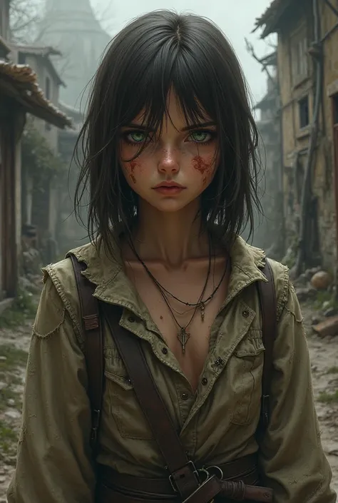 20-year-old girl with straight short hair, dark brown hair,  with light green eyes , with various scars, thief,  medieval style, Gloomy, serious look, poor, Dirty