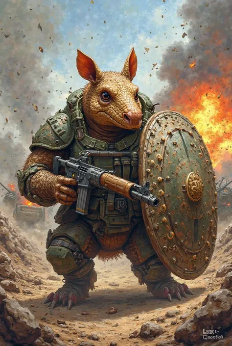 "A cartoon of an armadillo with tactical armor, holding a bullet-riddled shield in one arm and a rifle in the other. Background features trenches and artillery explosions."