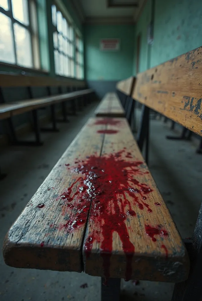 Cut off by hand in a blood stain on a school bench in an abandoned school 