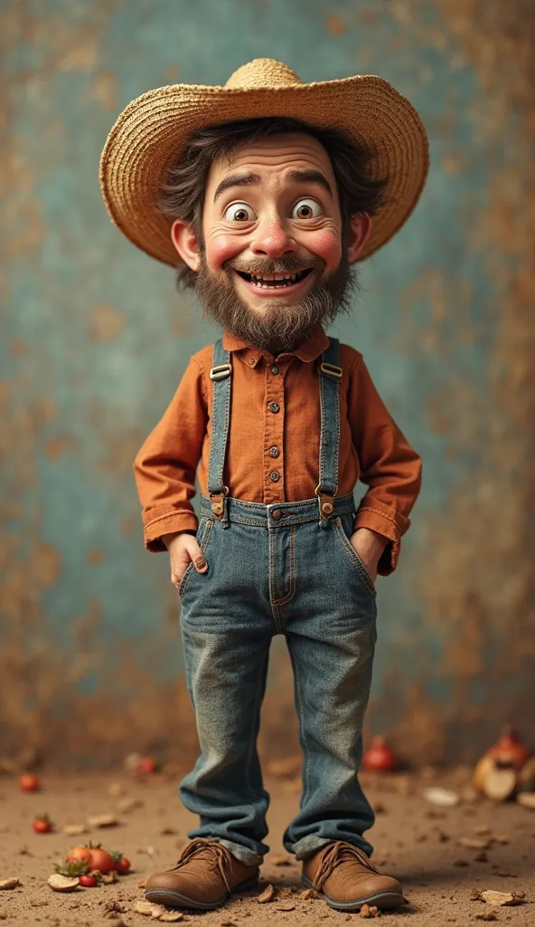 full body, ultra-realistic and high quality, 8k very funny image of a country man with a very funny face, mazzaropi style, he is standing, he is a joke teller, he is wearing a big straw hat, make it so that people just by seeing it will be smiling, make it...