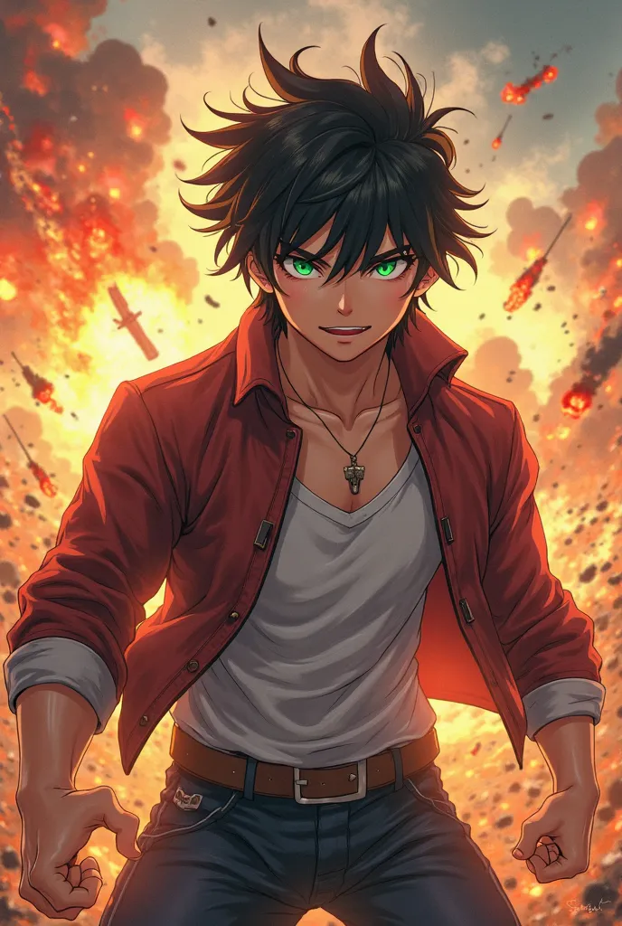 Create an anime character boy cartoon style solo leveling,Green eyes wavy black hair with explosive power and explosions and wars in the background 22 year old young man